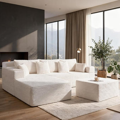 103" Modular Sectional Sofa, Comfort U Shaped Boneless Couch for Living Room, Extra Deep Seats No Assembly, Corduroy (White, 3 Seater + 2 Ottomans）