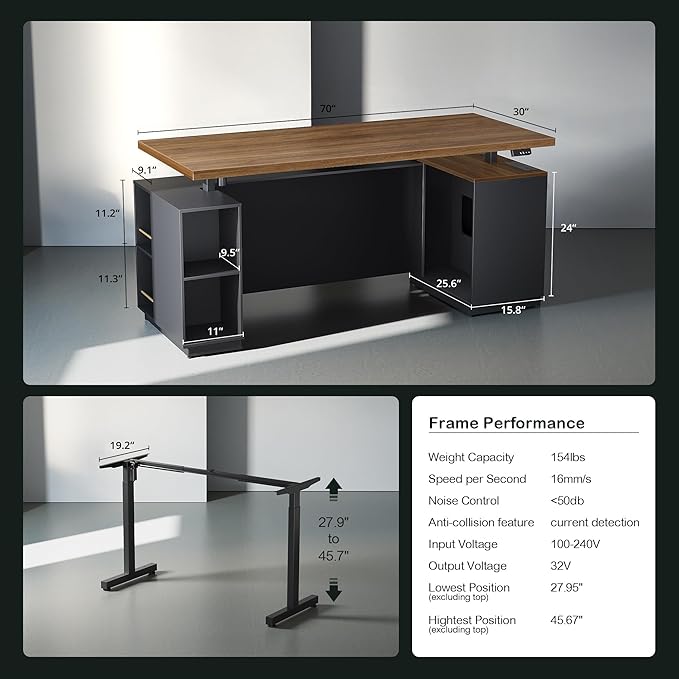 ModernMate 71" Standing Desk with File Cabinet, AC/USB, 1.18" Desktop, L Shaped Height Adjustable Desk, Electric Furniture Set with Multiple Functions for Home and Office, Black Walnut