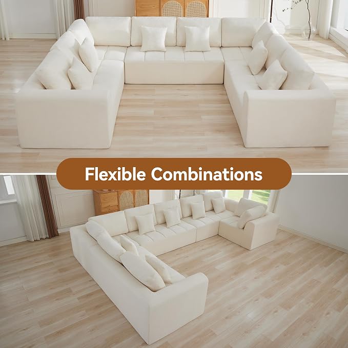 140''Modular Sectional Couches for Living Room, Cloud Boneless Compressed Sectional Sofa, Oversized U Shaped 8 Seater Upholstered Memory Foam Sofa, No Assembly, Chenille Beige