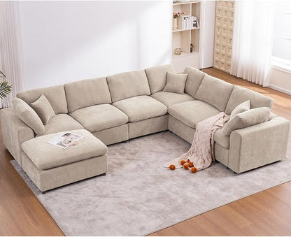 Oversized Modular Sectional Sofa Couch for Living Room, Light Camel | Large 7 Seater Corner Sofa | Modern U Shaped Sectional | with Ottoman | Spacious Space | Comfy Chenille | for Large Families