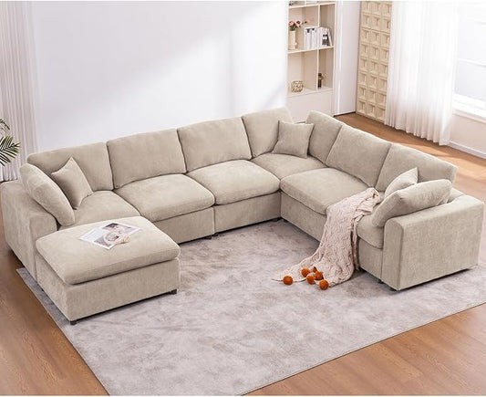 Oversized Modular Sectional Sofa Couch for Living Room, Light Camel | Large 7 Seater Corner Sofa | Modern U Shaped Sectional | with Ottoman | Spacious Space | Comfy Chenille | for Large Families