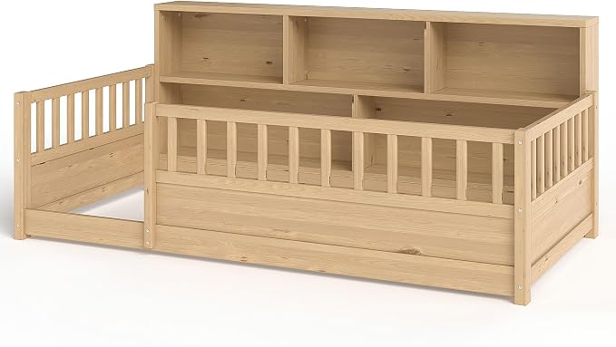 Bellemave Twin Size Montessori Floor Bed with Bookcase, Twin Floor Bed with High Fence and Storage Shelves, Easy Assemble Montessori Beds Frame for Girls, Boys, Natural