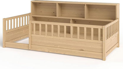 Bellemave Twin Size Montessori Floor Bed with Bookcase, Twin Floor Bed with High Fence and Storage Shelves, Easy Assemble Montessori Beds Frame for Girls, Boys, Natural