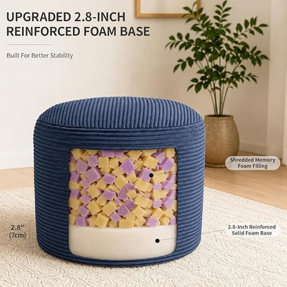 Stuffed Pouf Ottoman Foot Rest with 2.8-inch Solid Foam Base | Odorless Filling Resists Clumping, Washable Corduroy Cover, Round Foot Stool for Living Room Couch Lounging and Home Decor