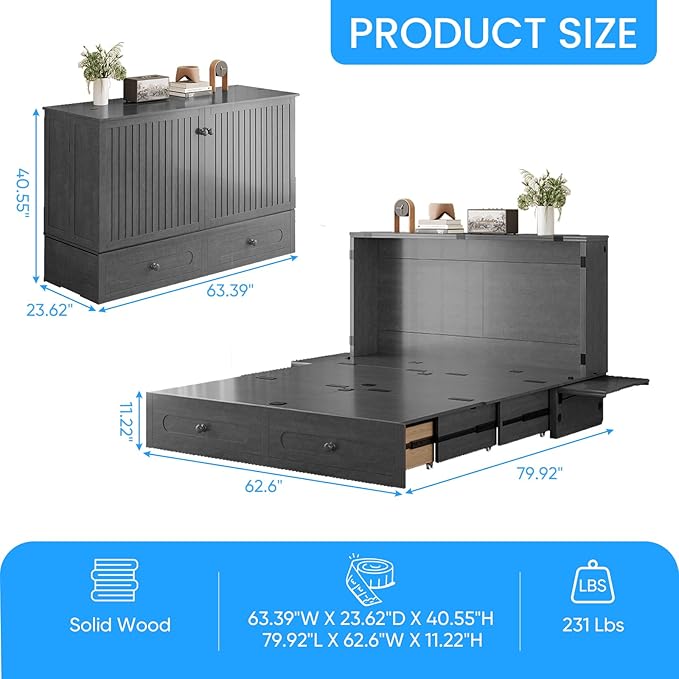 PUREMIND Murphy Bed Queen - Solid Wood - Hideaway Cabinet Bed with Storage Drawers, USB Charging Ports - Space Saving Wallbed for Home, Guest Room, No Mattress Included, Gray