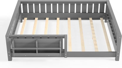Bellemave Full Size Floor Bed with Slats and Guardrails, Full Size Montessori Floor Bed with Bookcase and Fence, Low Profile Montessori Beds for Kids, Gray Floor Beds Frame