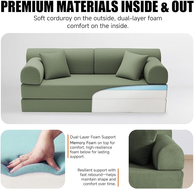 78.8" Boneless Memory Foam Couch, Corduroy Convertible Floor Sofa Bed, Fold-Out Sleeper Futon Loveseat, Wide Armrests & Supportive Back, 1200 lb, Couch in a Box, 2 Pillows, Light Green