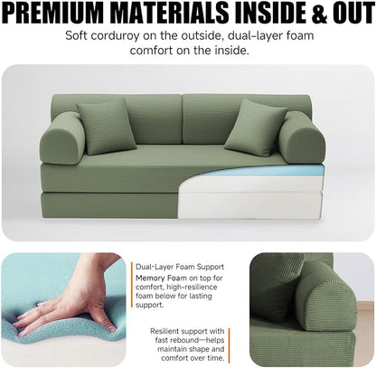 78.8" Boneless Memory Foam Couch, Corduroy Convertible Floor Sofa Bed, Fold-Out Sleeper Futon Loveseat, Wide Armrests & Supportive Back, 1200 lb, Couch in a Box, 2 Pillows, Light Green