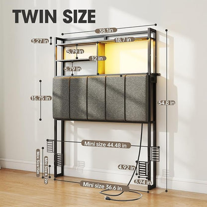 54.8" Tall Twin Size Headboard with 3-Tier Storage Shelves, Linen Upholstered Head Board with USB & Type C Port & LED Light, Soft Backrest for Twin Size Bed,Sturdy Headboard Only