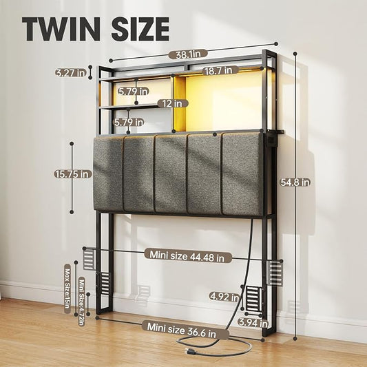 54.8" Tall Twin Size Headboard with 3-Tier Storage Shelves, Linen Upholstered Head Board with USB & Type C Port & LED Light, Soft Backrest for Twin Size Bed,Sturdy Headboard Only
