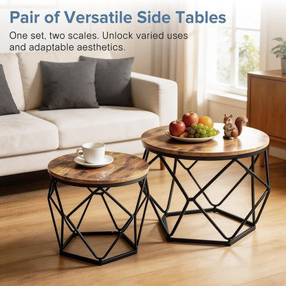 DUMOS Modern Geometric Coffee Table Set of 2, Round Nesting Side Tables with Hidden Storage, Movable End Tables for Living Room Office Decor & Practical Use Brown