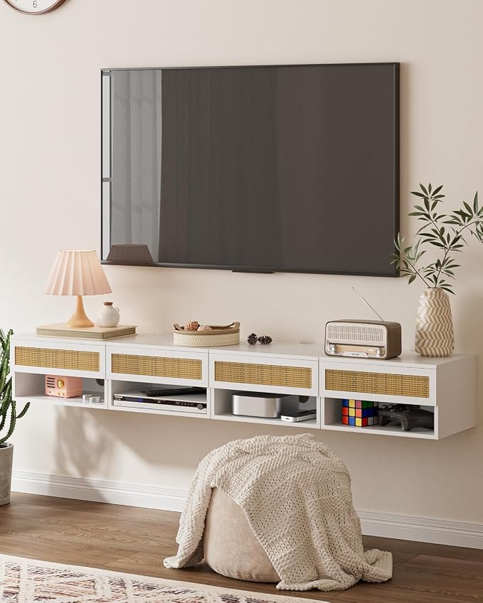 Small Modern Nightstand with Drawer, Floating Shelves for Bedroom, Bathroom (White Rattan)