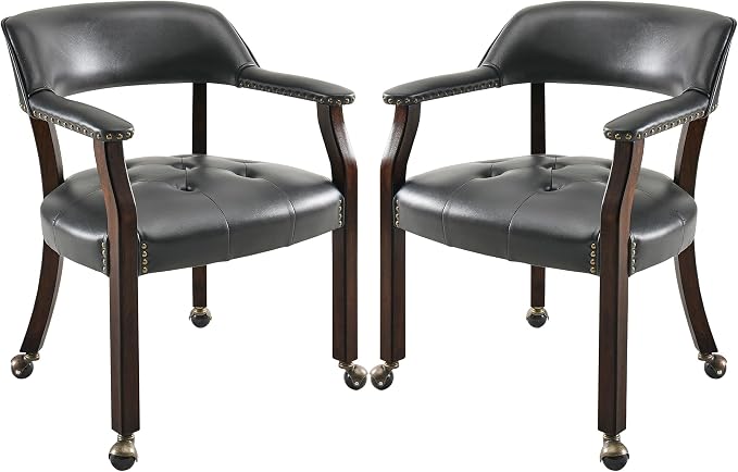 LEEMTORIG Set of 2 Dining Chairs with Casters and Arms, Large Rolling Dining Chairs with Wheels, Poker Table Chairs, Solid Wood Boss Caption's Chairs Office Chairs, Espresso Legs & Black, SY-318-BK