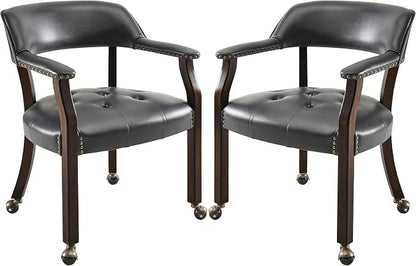 LEEMTORIG Set of 2 Dining Chairs with Casters and Arms, Large Rolling Dining Chairs with Wheels, Poker Table Chairs, Solid Wood Boss Caption's Chairs Office Chairs, Espresso Legs & Black, SY-318-BK