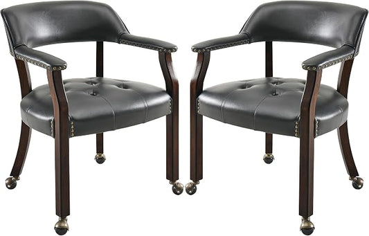 LEEMTORIG Set of 2 Dining Chairs with Casters and Arms, Large Rolling Dining Chairs with Wheels, Poker Table Chairs, Solid Wood Boss Caption's Chairs Office Chairs, Espresso Legs & Black, SY-318-BK
