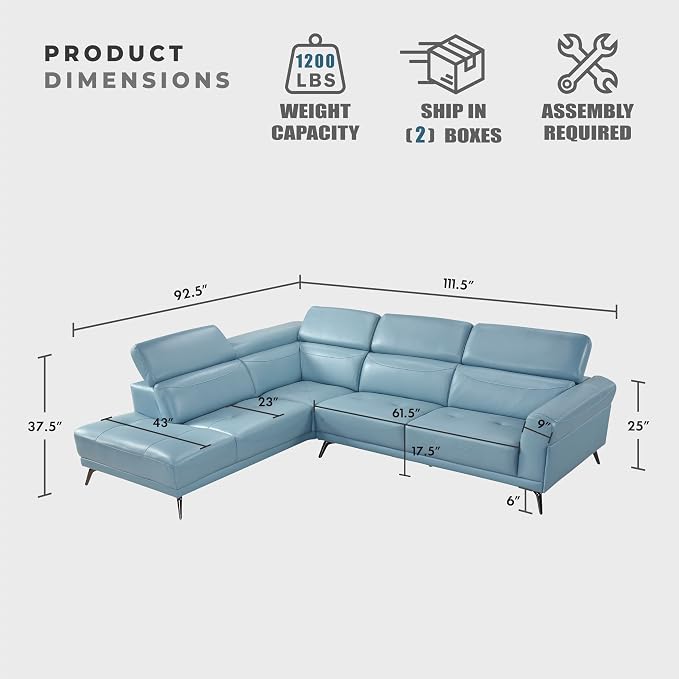 Lexicon L-Shaped Sectional Couch with Left Chaise, Top Grain Leather Match Sectional Sofa, Adjustable Headrests, Black Chrome Metal Legs, High-Density Cushions, Stitching, for Living Room, Blue