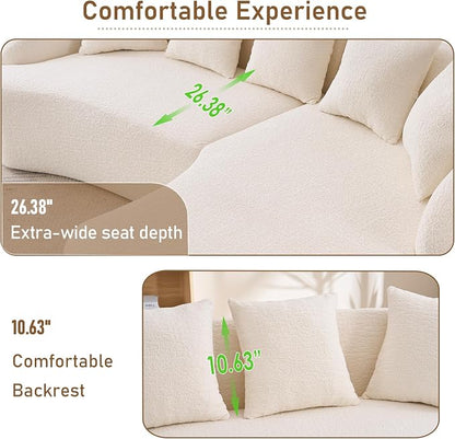 106.3" Curved Sofa with L-Shape Chaise,Modern Luxury Chenille 4-Seater Sofa,Curved Cloud Couch with 4 Throw Pillows for Living Room, Apartment (White)