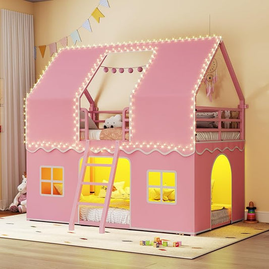BTHFST Bunk Bed Twin Over Twin with Play Curtain, House Bunk Bed with LED Lights, Metal Kids Bunk Bed with Inclined Ladder and Guardrail, Space Saving, No Box Spring Needed, Pink