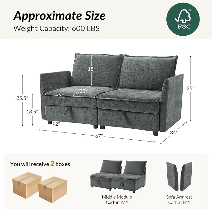HULALA HOME 67'' Modern Chenille Loveseat Sofa, 2 Seater Couch with Storage, Comfy Deep Seat, Small Loveseat Couches for Living Room Furniture with Pillows, Easy to Install, Grey