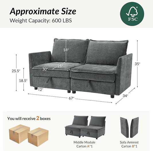 HULALA HOME 67'' Modern Chenille Loveseat Sofa, 2 Seater Couch with Storage, Comfy Deep Seat, Small Loveseat Couches for Living Room Furniture with Pillows, Easy to Install, Grey