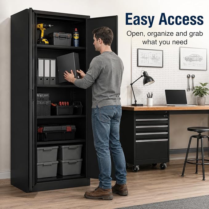 71" Black Metal Storage Cabinet with Lock & Adjustable Shelves - Heavy Duty Garage, Pantry & Office Cabinet with Adjustable Feet, 4 Shelves & Doors for Home Organization