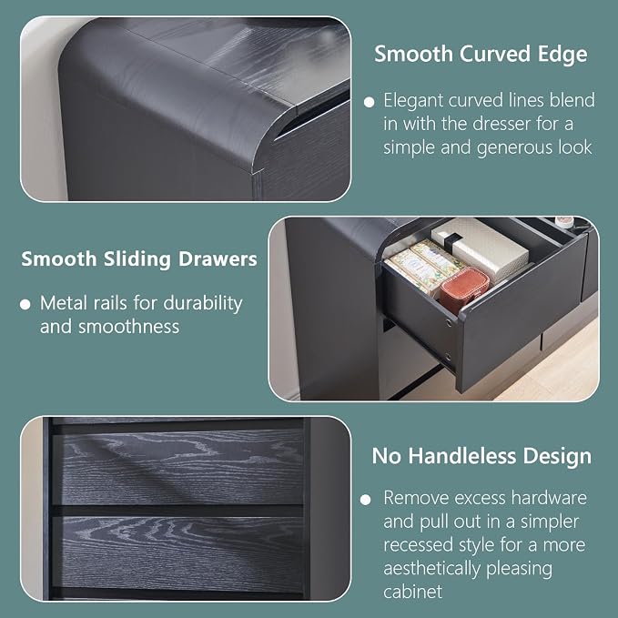 Aitjunz Modern 5 Drawers Dresser for Bedroom, 45" Tall Dressers & Chests of Drawers w/Curved Profile Design, Wood Mid Century Vertical Dresser w/Natural Texture for Bedroom, Living Room, Black