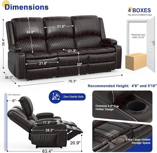 2026 Upgraded Recliner Sofa 3 Seater Couch with Recliner, Home Theater Seating with Liftable Console & Removable Armrest, Manual PU Leather Sofa Reclining with Storage & USB Ports (PU,Brown)