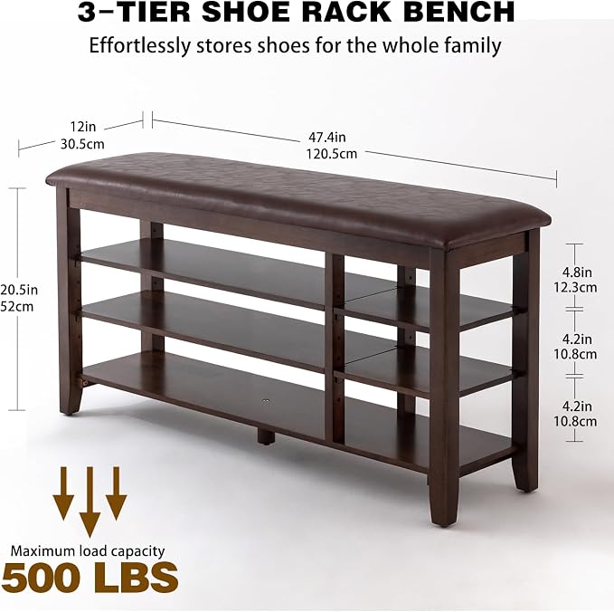 PY HOME & SPORTS Shoe Rack for Entryway 47": 3-Tier Shoe Storage Bench, Adjustable/Removable Shelves, Rubberwood Shoe Benches for Hallway, Porch, Bathroom, Brown