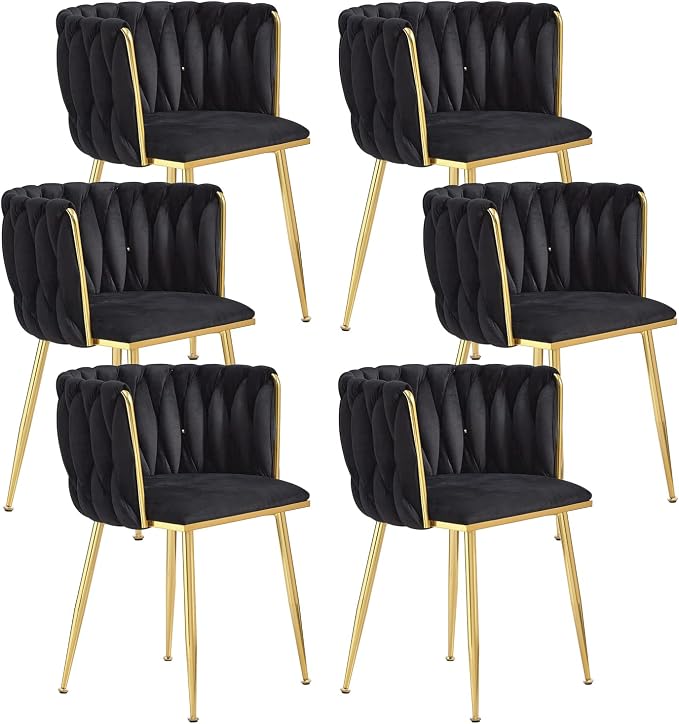 Black Velvet Dining Chairs Set of 6, Upholstered Dining Chairs with Golden Metal Legs, Modern Woven Dining Chair for Dining Room, Kitchen, Vanity, Living Room