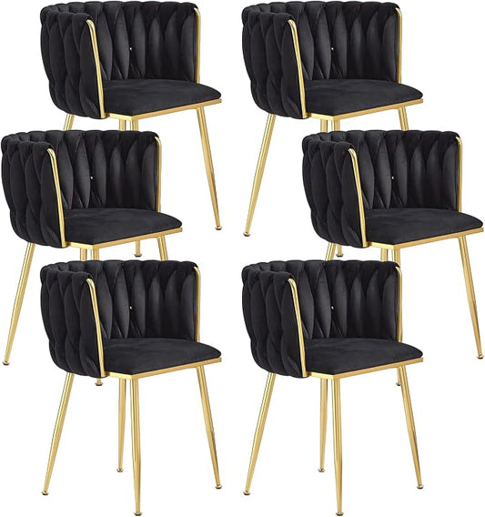 Black Velvet Dining Chairs Set of 6, Upholstered Dining Chairs with Golden Metal Legs, Modern Woven Dining Chair for Dining Room, Kitchen, Vanity, Living Room