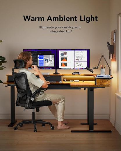 HUANUO 65″ L-Shaped Standing Desk with 3 Drawers, Vintage Brown | Built-in Power Outlets, LED Strip, Smooth Electric Height Adjustment, 4 Memory Presets, 220 lbs Capacity, Power Strip Holder