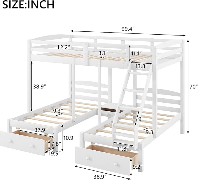 VilroCaz Wood Bed Bunk Bed with 2 Storage Drawers for 3, Full Over Twin & Twin Bunk Bed Frame with Built-in Middle Drawer, Guardrail and Ladder for Kids Teens Adults, Maximized Space Design