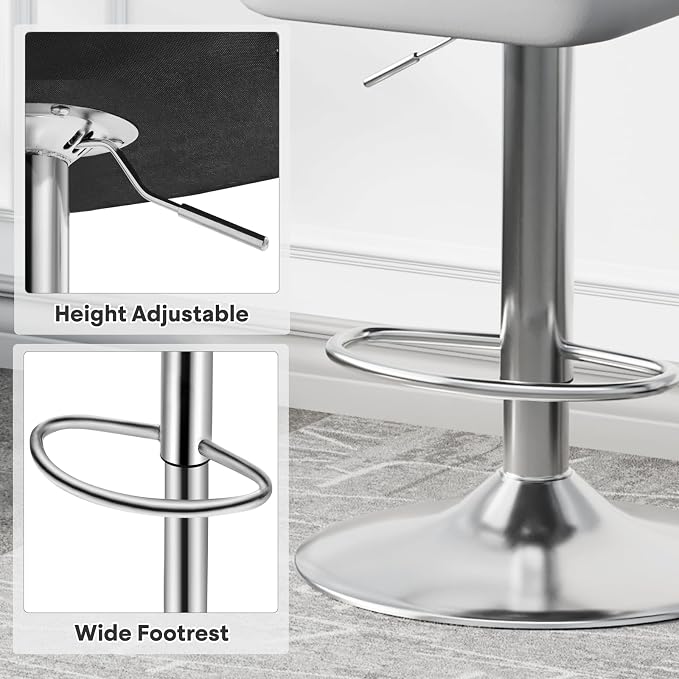Racing Style Bar Stools Set of 2, Adjustable Counter Height Chairs with Faux Leather, 360° Swivel Bar Stools with Backs, Racing Seat Bar Stool Chairs, Gray/White
