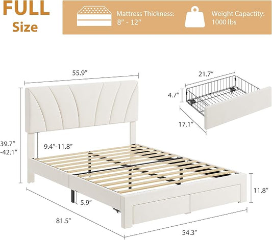 Garvee Full Size Bed Frame with 2 Storage Drawers & Adjustable Headboard, Velvet Upholstered Platform Full Bed Frame, Wooden Slats Support, No Box Spring Needed, Easy Assembly, Beige