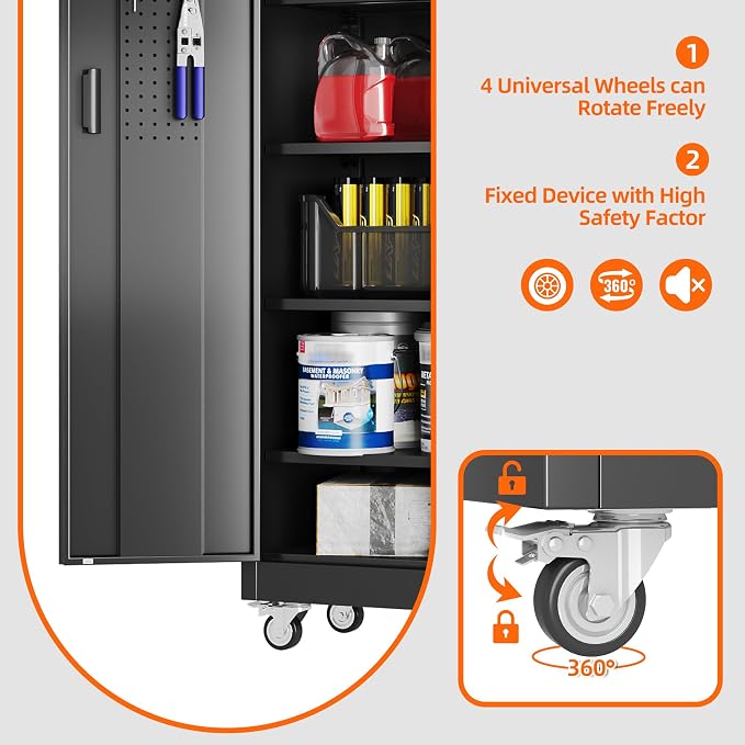 SUXXAN Metal Storage Cabinet with Wheels and Pegboard, 71" Tall Industrial Heavy Duty Steel Cabinet with 5 Adjustable Shelves & Locking Doors for Garage, Office, Pantry, Warehouse, Black