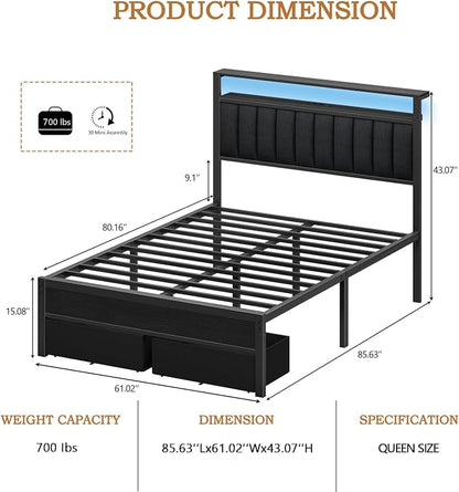 Furnulem Queen Bed Frame with Charging Station and LED Lights, Grey Upholstered Headboard with Shelves, Metal Platform Bed with 2 Under-Bed Storage (Fabric Drawer on Wheels), No Box Spring Needed