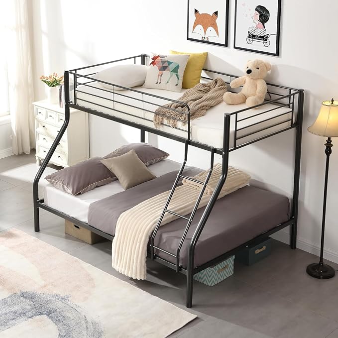 EMKK Twin Over Full Bunk Bed for Adults, Metal Bunk Beds Twin Over Full Size for Teens Dorm Bedroom Guest Room,Heavy Duty Bunk Beds with Ladder and Safety Full Length Guardrail (Black D)