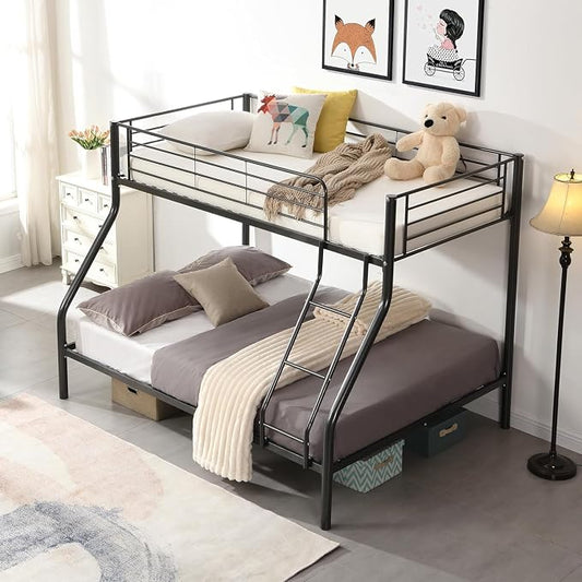 EMKK Twin Over Full Bunk Bed for Adults, Metal Bunk Beds Twin Over Full Size for Teens Dorm Bedroom Guest Room,Heavy Duty Bunk Beds with Ladder and Safety Full Length Guardrail (Black D)