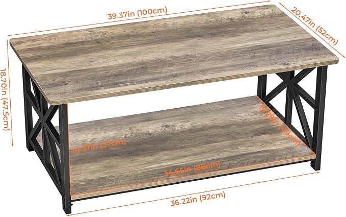 GreenForest Round Corners Coffee Table for Living Room | armhouse Style Center Table with Storage Shelf,39 Inch Space Saving Sofa Table,Easy Assembly,Gray Wash