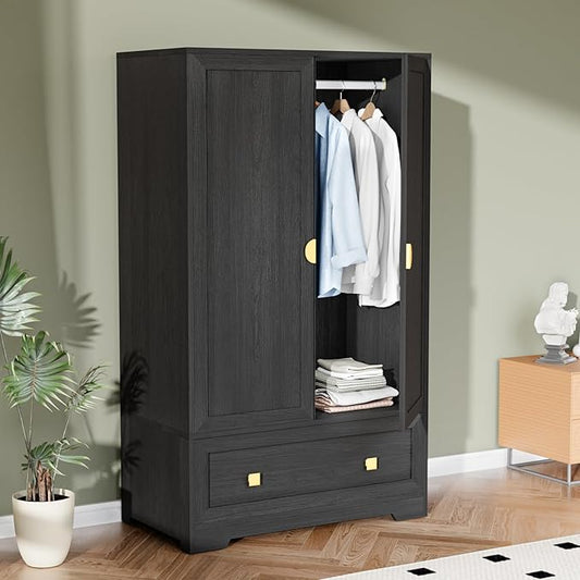 VINGLI Armoire Wardrobe Closet with Doors, 38" W Armoire Wardrobe Cabinet with Drawers and Hanging Rod, Black Wood Bedroom Armoires, 21" D x 38" W x 65" H
