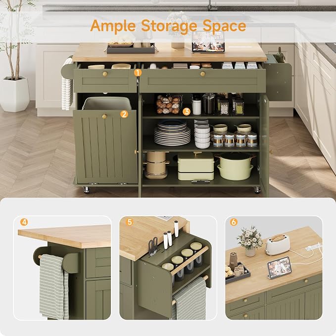 ComfyCorner 60" Rolling Large Kitchen Island on Wheels with Extendable Table, Drop Leaf & Power Outlet, Mobile Kitchen Cart with Storage Cabinet, 2 Drawers, Spice Rack, Towel & Knife Holder, Green