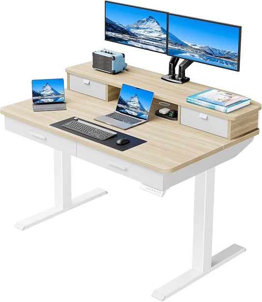 HUANUO 48 x 30 inch Electric Standing Desk with 2 Wood Drawers, Adjustable Height Sit Stand Desk for Home Office, Ergonomic Stand up Desk with 4 Memory Presets, 176 lbs Capacity, Natural Top