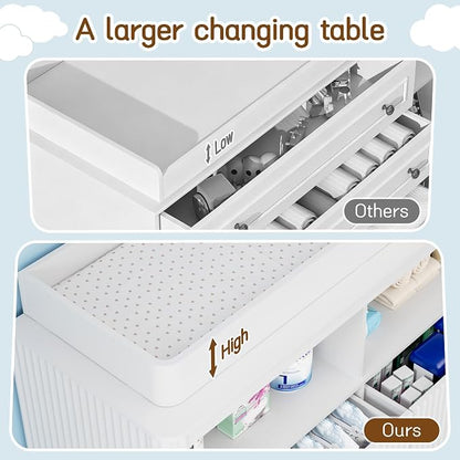 Nursery Dresser, 4 Large Drawers Wood Baby Changing Dresser with Raised and Detachable Changing Table Top, Fluted Chest with Gold Handles, Baby Storage Organizer for Kids Bedroom, Nursery Room, White