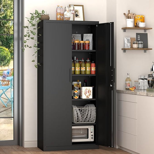 GREATMEET Metal Garage Storage Cabinets with Lock Door and Adjustable Shelves, 71'' x 32'' x 17'' Black Steel Tool Cabinets for Home Office Warehouse