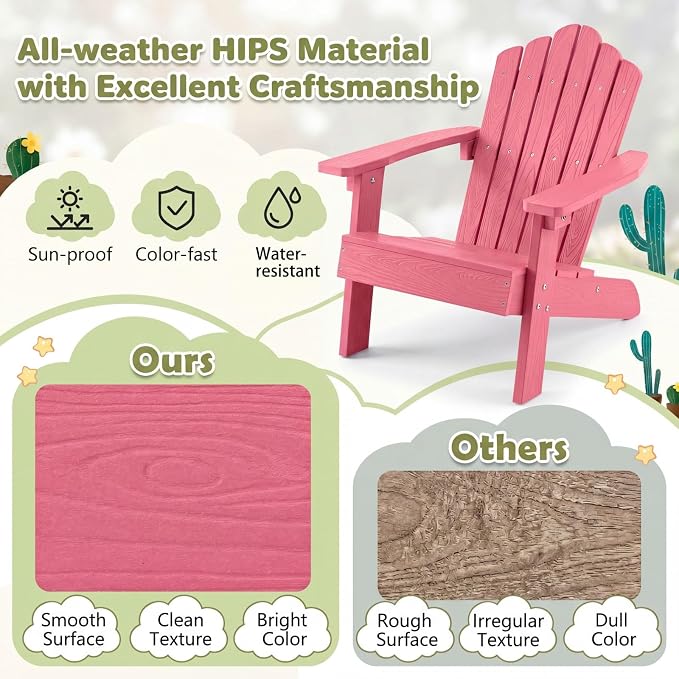 Giantex Kids Adirondack Chair, All-Weather HIPS Children's Outdoor Chair with Tilted High Backrest, Toddler Beach Chair for Garden Patio Backyard, Kids Lawn Chairs for Age 3-7 (2,Pink)