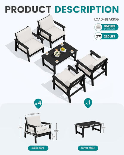 SERWALL Outdoor Patio Furniture Set, 5 Piece HDPE Patio Conversation Sets, All-Weather Wood-Like Outdoor Couch Loveseat and Coffee Table with Thick Cushions for Porch Balcony Garden Backyard
