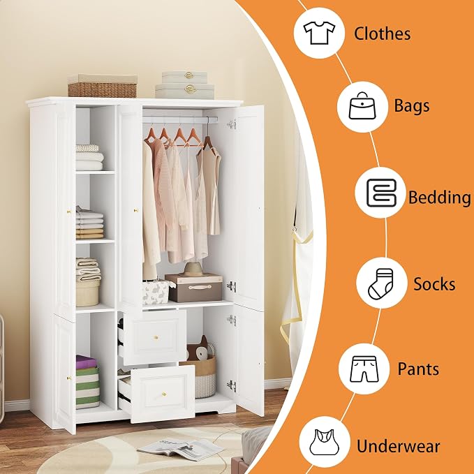 Armoire Wardrobe Closet with Drawers: Large White Wardrobe Closet with 3 Doors and 2 Drawers, Wooden Bedroom Armoires Storage Cabinet with Hanging Rod and Shelves (47")