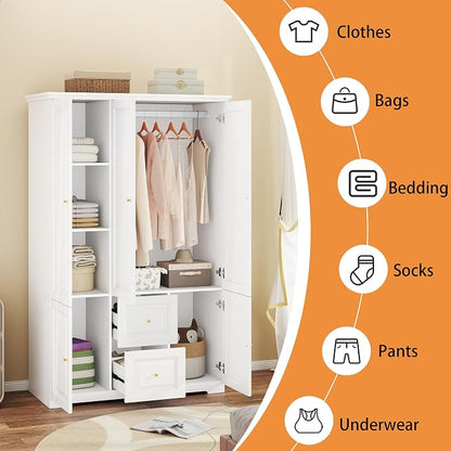 Armoire Wardrobe Closet with Drawers: Large White Wardrobe Closet with 3 Doors and 2 Drawers, Wooden Bedroom Armoires Storage Cabinet with Hanging Rod and Shelves (47")