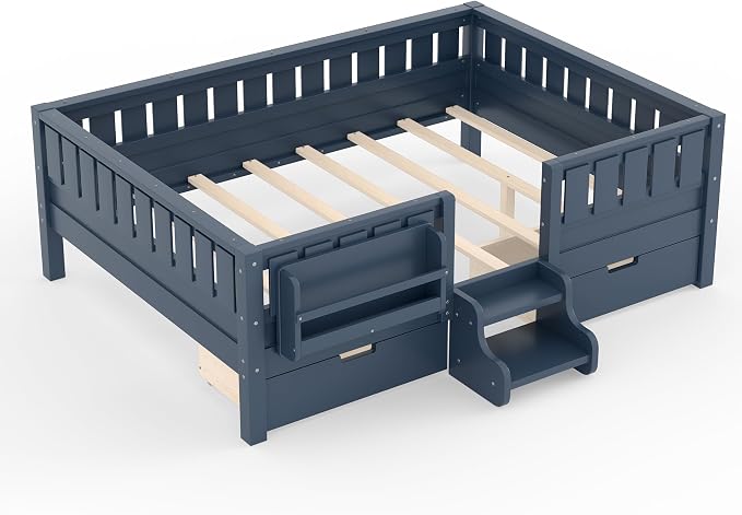 Bellemave Full Kids Montessori Bed with Stairs, Bookshelf and Drawers, Solid Wood Kids Bed Frame with Storage for Boys Girls, Low Profile,Blue