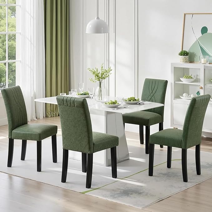 VECELO Upholstered Dining Chairs Set of 4, Modern PU Leather and Solid Wood Legs & High Back for Kitchen/Living Room- Green